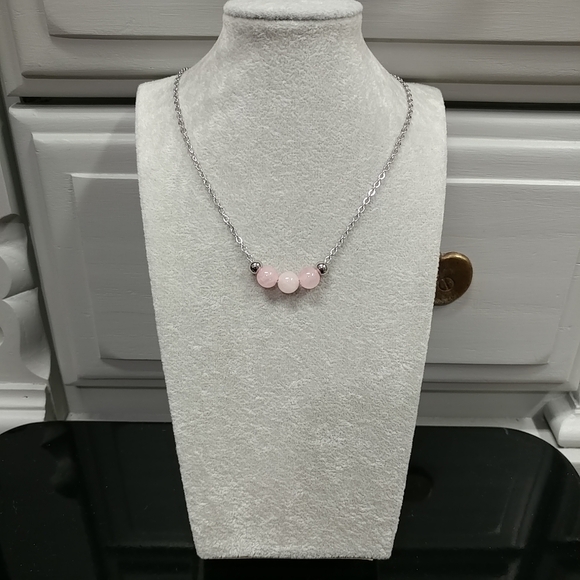 Rose Quartz Three Bead Necklace Natural Gemstone Crystal Stainless-Steel Chain - Picture 3 of 11